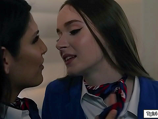 Trans flight attendant Zariah Aura fucks her busty coworker
